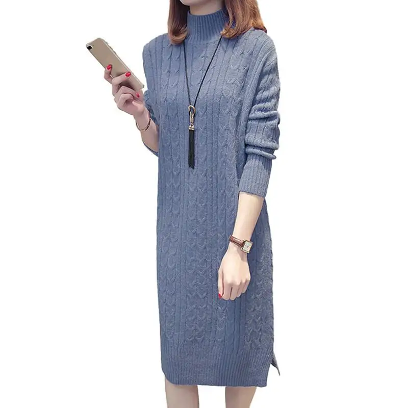 

2019 New Autumn Winter Women Knitted Sweater Dress Ladies Half Turtleneck Casual Dress Female Thicken Warm Pullover Dresses V376