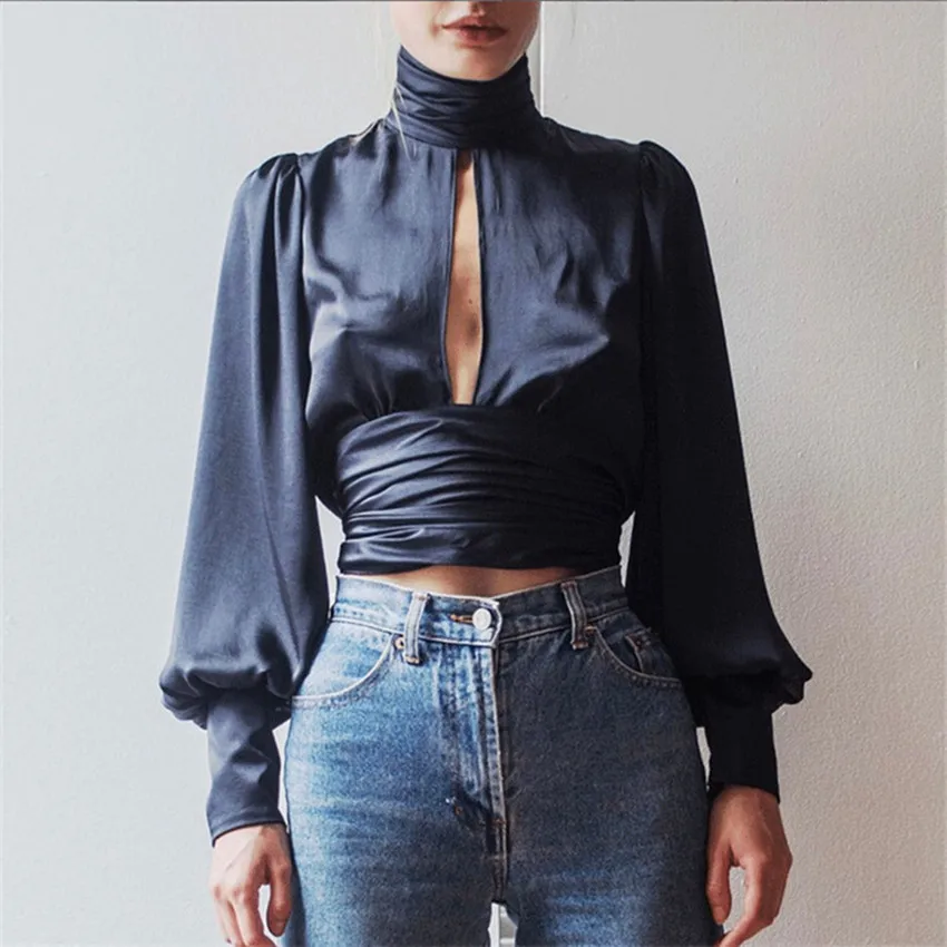 Tanie Nowe Mody Nowoczesne kobiet Sexy StyleTops Lato Szyfonu Z Długim Rękawem Wysoka Neck Szczelina Koszula Rękaw Puff Jednolity Granatowy niebieski Bluzka