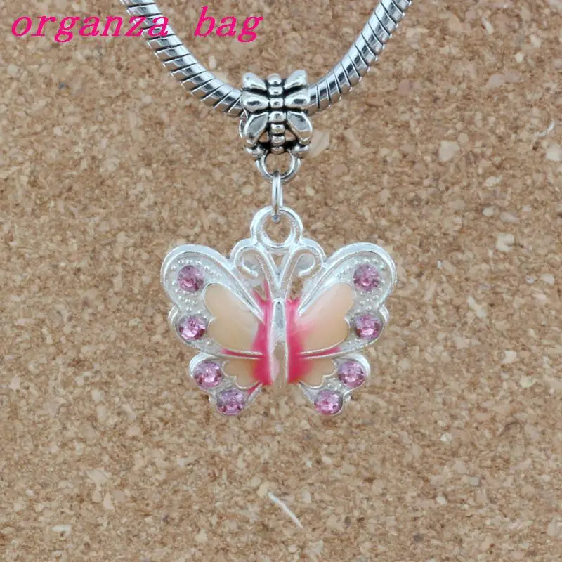 

50pcs/lots Pink Rhinestone Enamel Butterfly Alloy Dangle Charm Beads Fit Charm necklace DIY Accessories 22x32.5mm A-506a