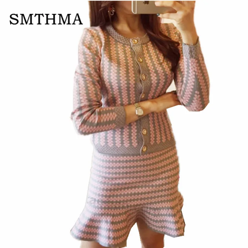 

2019 Office Ladies Elegant Single-breasted Knit Cardigans + Geometric print 2pcs Suits Sweater Trumpet Mermaid Skirts Sets