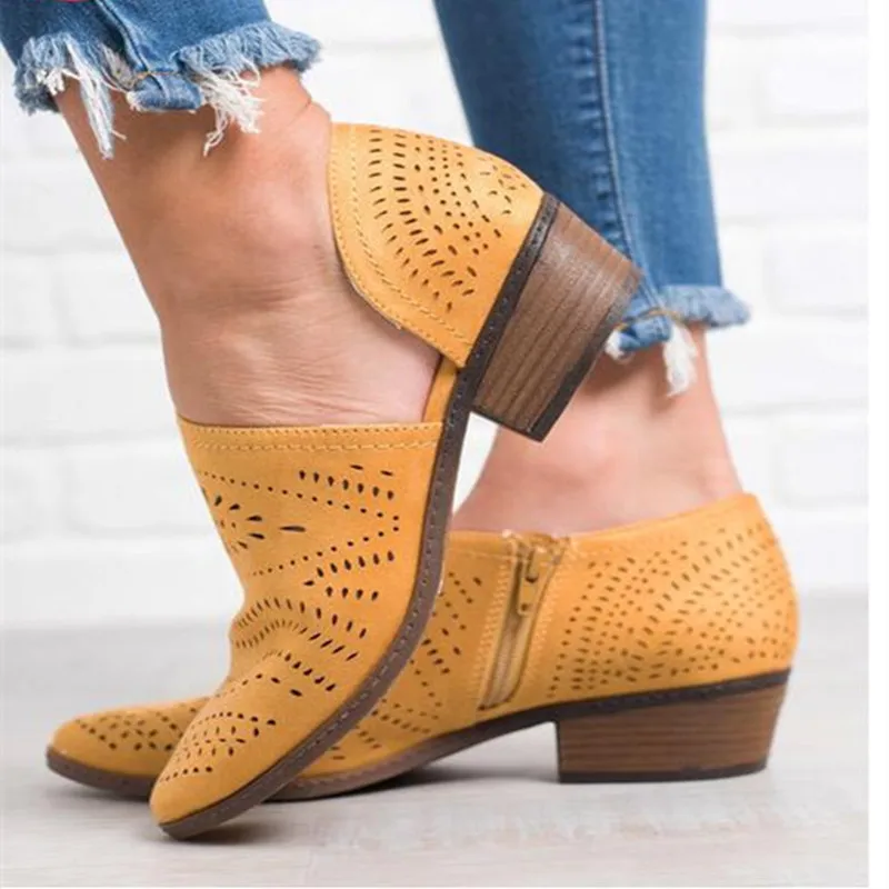 

European Summer Hollow Breathable Zip Casual Shoes Lady Round Toe Plaform Ankle Boots Design Flat Heel Women's Martin Boots