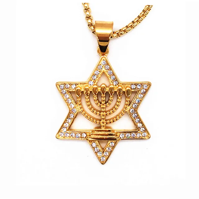 Israel Menorah Judaism Hebrew Necklace Star of David Menorah Gold color