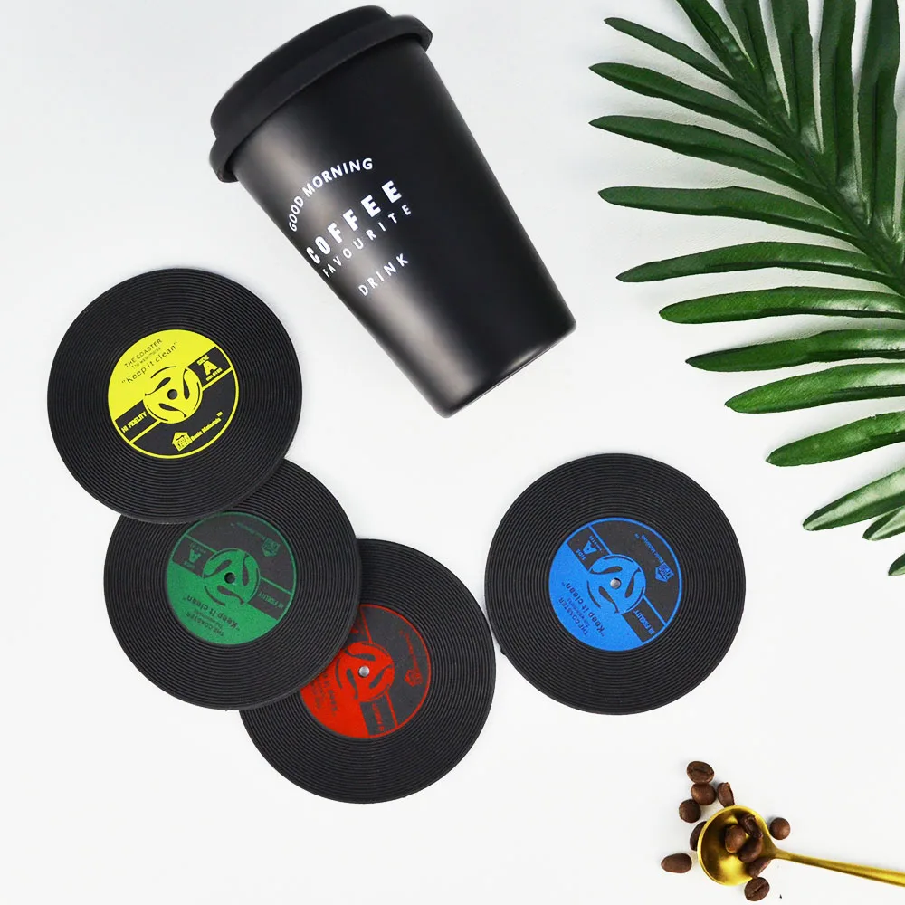 

Creative Silicone Coaster Black Recording Table Placemats Retro Soft Flexible Mug Coaster BPA Free Non Slip Cup Coasters 10cm