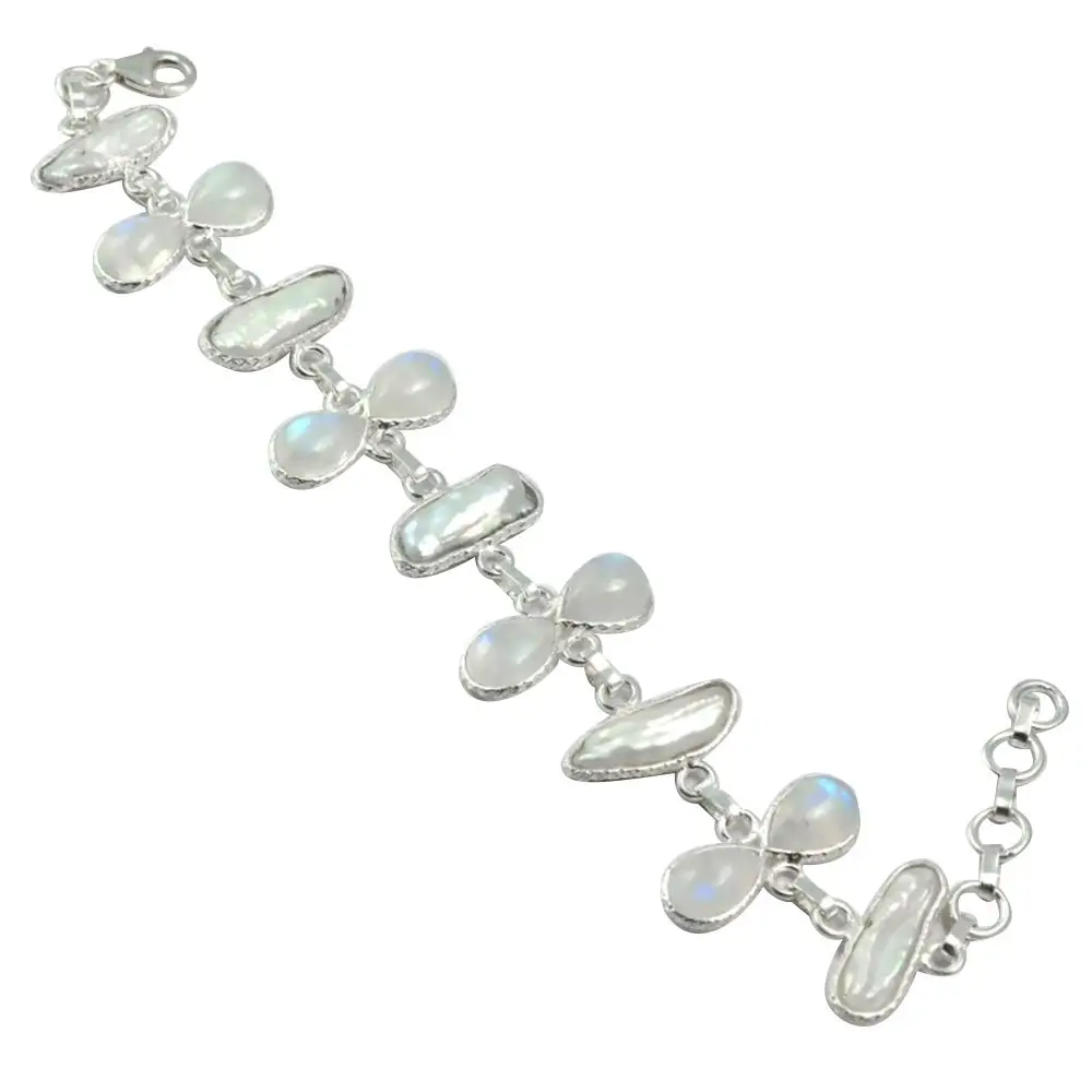 

NiaoZaiFei YunZaiKan Genuine Rainbow Moonstone + Biwa Pearl Bracelet 925 Sterling Silver, 19 cm, MHBB0096