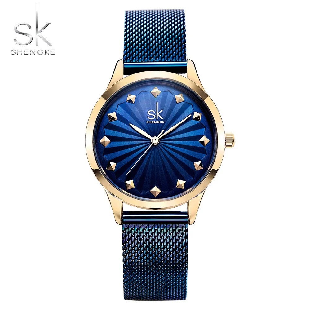 

Shengke Fashion Blue Stainless Steel Mesh Band Women Watches Rivet Design Female Clock relogio feminino relojes para mujer K0081