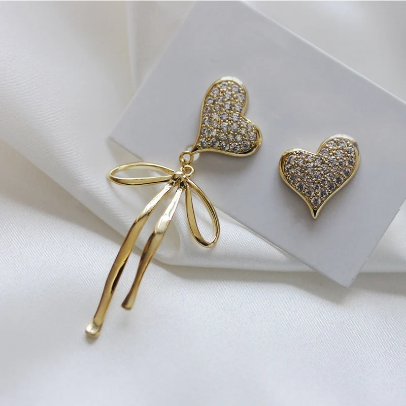 

MENGJIQIAO Korean New Elegant Bowknot Drop Earrings For Women Girls Asymmetric Rhinestone Heart Oorbellen Party Ear Accessories