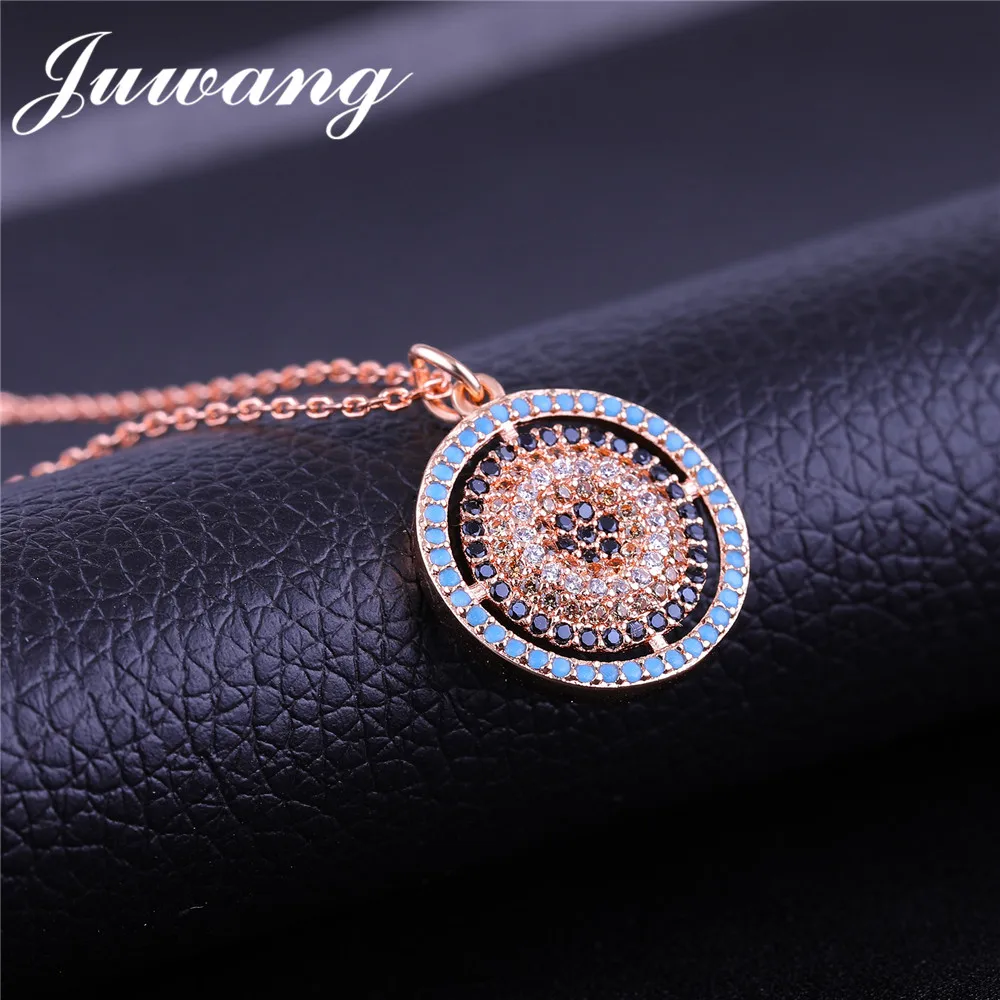 JUWANG Round Turkish Evil Eye Pendant Necklace for Woman Gold Silver Color Chain Copper Inlay Multicolor CZ Statement Jewelry Fashion Jewelry