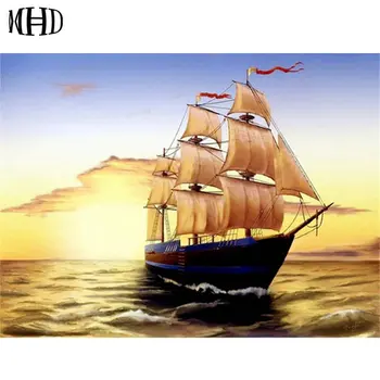 

DIY Diamond Painting Sailboat 3D Diamond Cross Stitch Mosaic, Full & Round Boat Crystal Decoration Diamond Embroidery Kit Gift