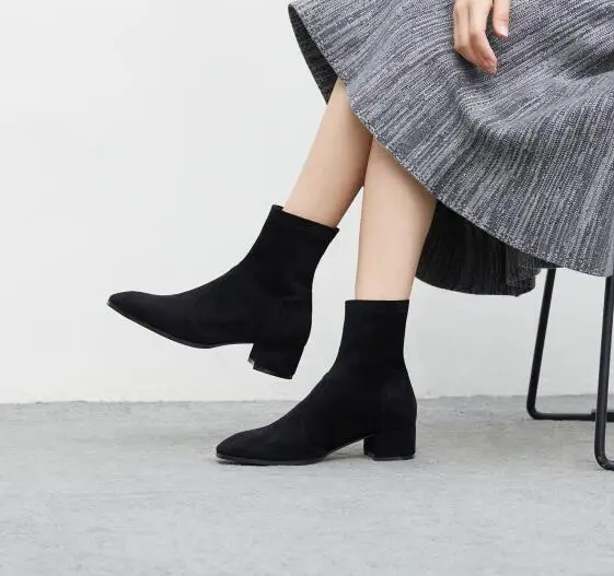 black suede Vangull/женские ботинки из флока и эластичной ткани; Замшевые полусапожки; модные классические ботинки ручной работы с острым носком; универсальная стелька из овчины - Цвет: black suede
