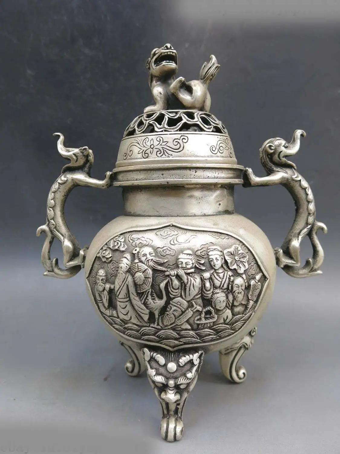 

9" China Silver Foo Dogs Lion cense Dragon Eight Immortals incense burner Statue