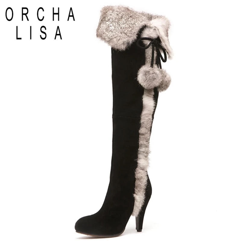 

ORCHA LISA boots female genuine leather knee-high boots fur Winter russian boots Sexy long boots Women shoes botas feminina