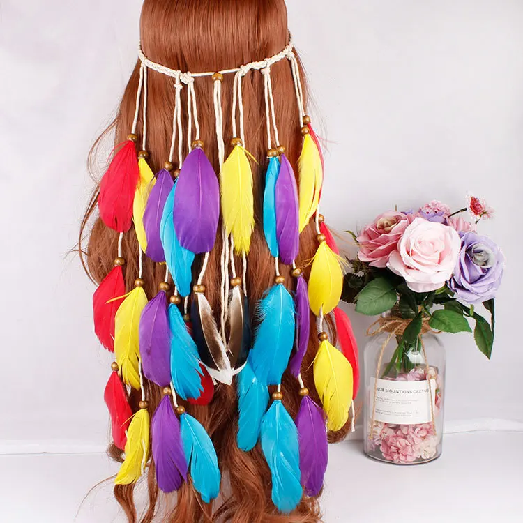 Для женщин модная резинка для волос индийский кулон перо павлина оголовье цепочка с листом женский Богемия вязаный пояс Эластичный волос веревки