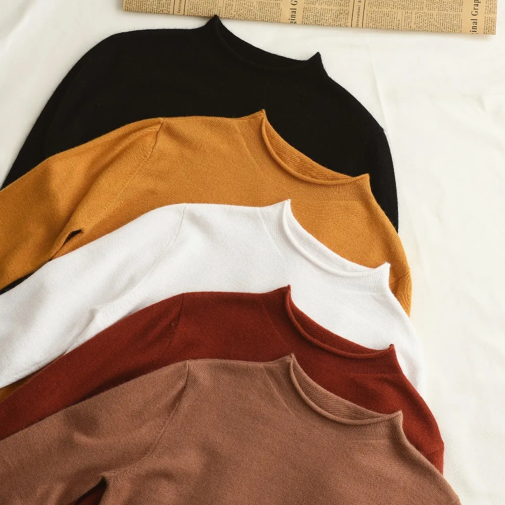 

2019 New Winter Women's Round Neck Long Sleeve Cashmere Sweater Knitted Pullovers Female Solid Color Slim Casual Wool Sweater