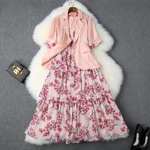 Dress Suit 2019 Women's Spring Summer Single Button Small Blazer + Pink Printed Cake Chiffon Slip Dress Two Piece Set Female