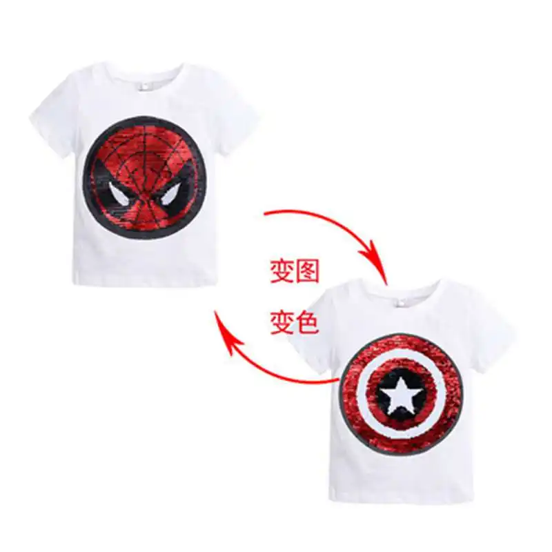 Обратимые блестки хлопчатобумажная футболка для мальчиков Капитан Америка «Человек-паук», футболки с бисером волшебный унисекс с короткими рукавами обесцвечиваясь и не Топы - Цвет: Черный