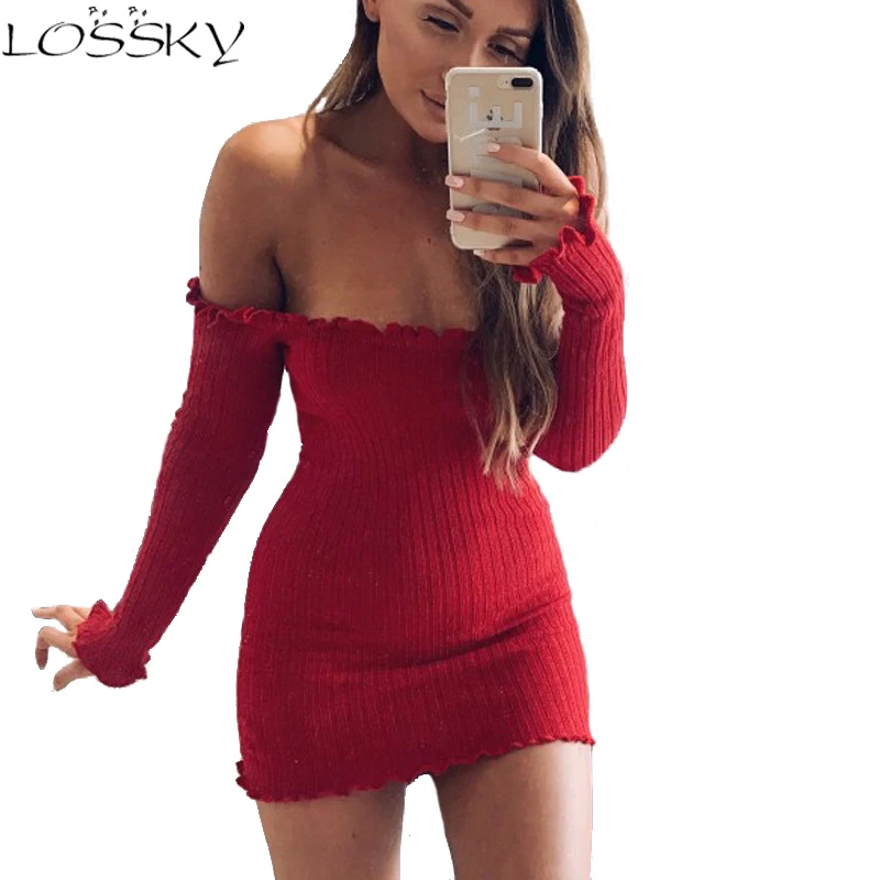 2017 Autumn Women Sexy Strapless Mini Sweater Dress Long Sleeve Knitted Dresses Off Shoulder Spring Female