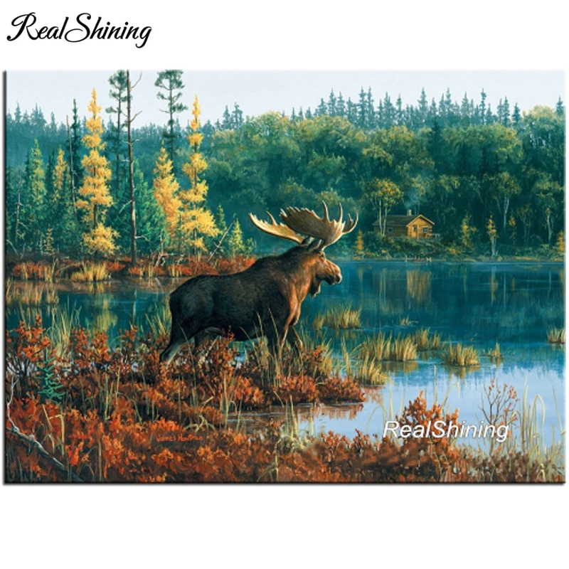 REALSHINING 5d алмазная вышивка Black Bay Moose живопись натуральный полный горный хрусталь