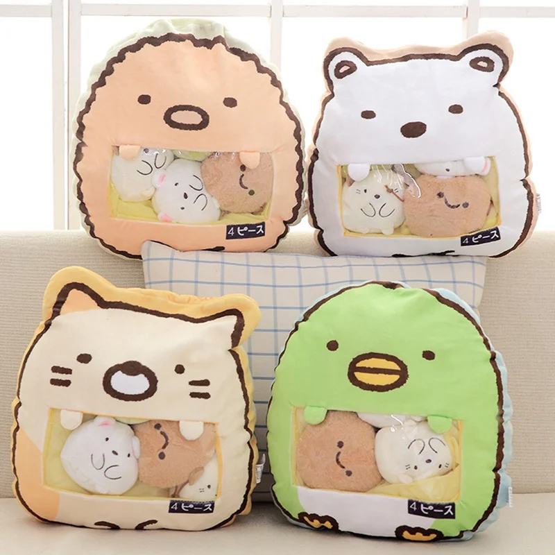 

A Bag 4 шт. Sumikko Gurashi плюшевые игрушки мягкие Мультяшные животные Кот, Медведь, курица и утка сумка подушка для детей девочки Рождественский подарок