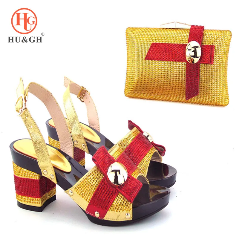 

Gold Color Italian Shoes with Matching Bags Set with Full stones African Shoe and Matching Bag for Nigeria Party Wedding Shoes