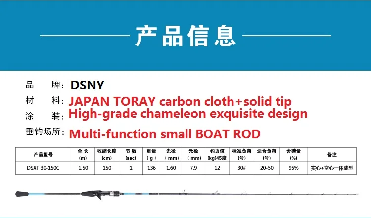 DSNY, новинка, лодочный стержень 1,5 м, 20-50#, литейный стержень, высокоуглеродистая лодка/плотное удилище, твердый+ наконечник, все японские направляющие и катушки fuji - Цвет: 1.5m 1sec
