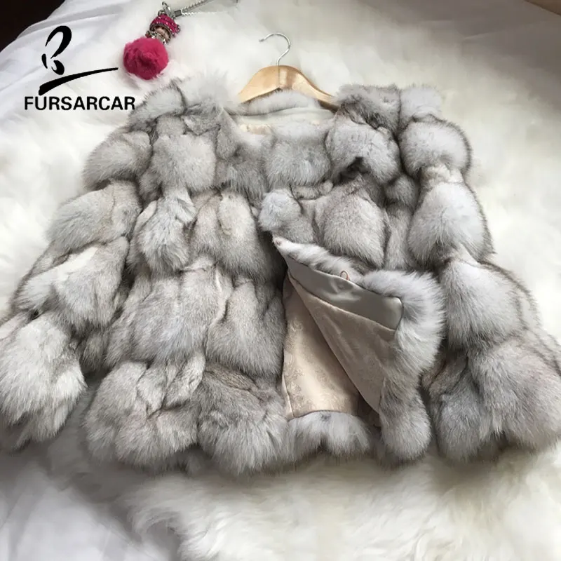 FURSARCAR 2018 New Real Fox Fur Coat Fashion Slim Fur Overcoat Three Quarter Sleeve Short Coat Winter Women Fur Jacket Coat Coats