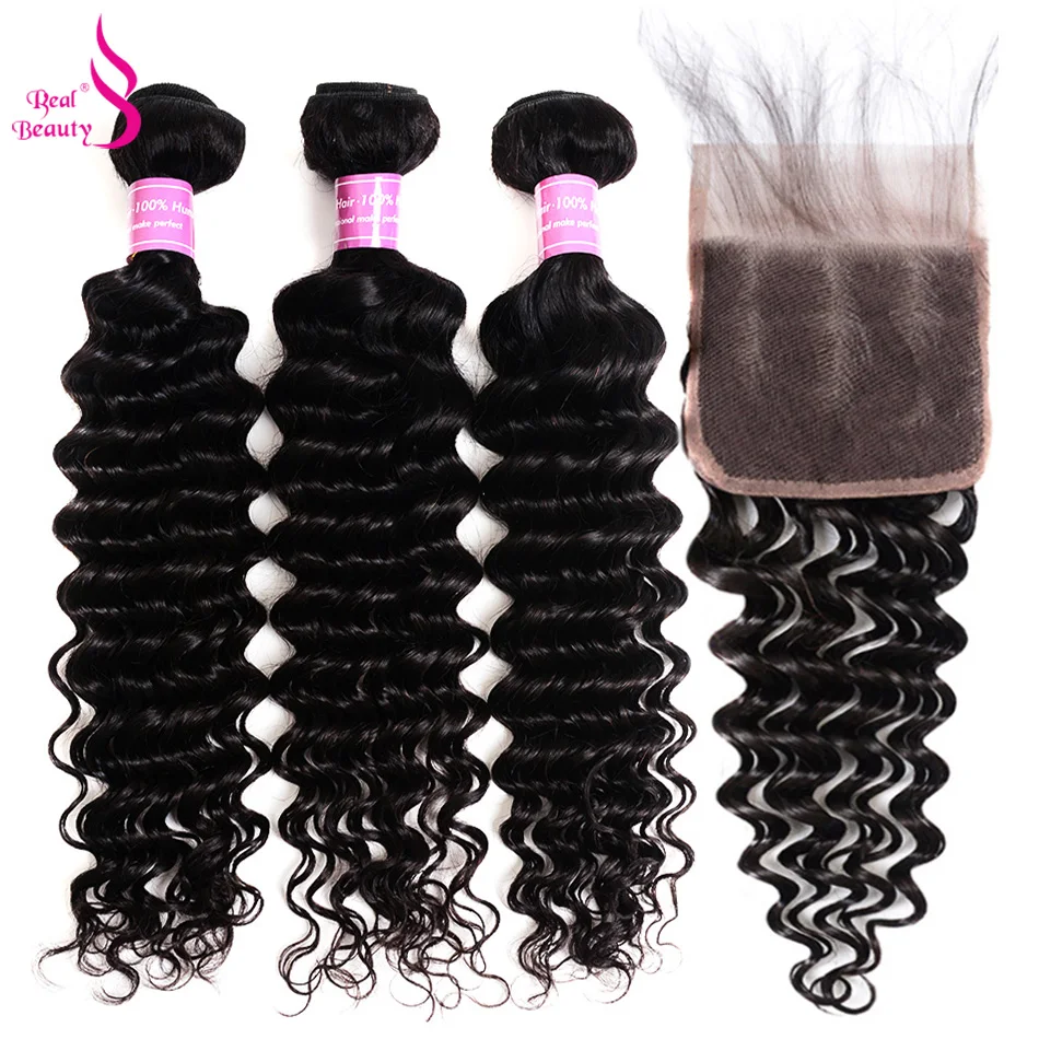 Real Beauty Peruvian Deep Wave Hair With Swiss Lace Closure 4Pcs Human Hair Weaves Remy Hair Bundles With Closure 8-30 (1)