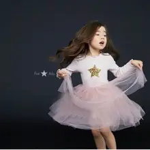 Весенне-осеннее платье принцессы для девочек блестящий топ со звездами+ пышное Новогоднее платье с длинными сетчатыми рукавами одежда для детей От 2 до 8 лет, E8806