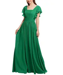 Setwell 2019 Зеленый шифон u-образным вырезом А-силуэт платье подружки невесты с короткими рукавами платье с рюшами торжественное платье