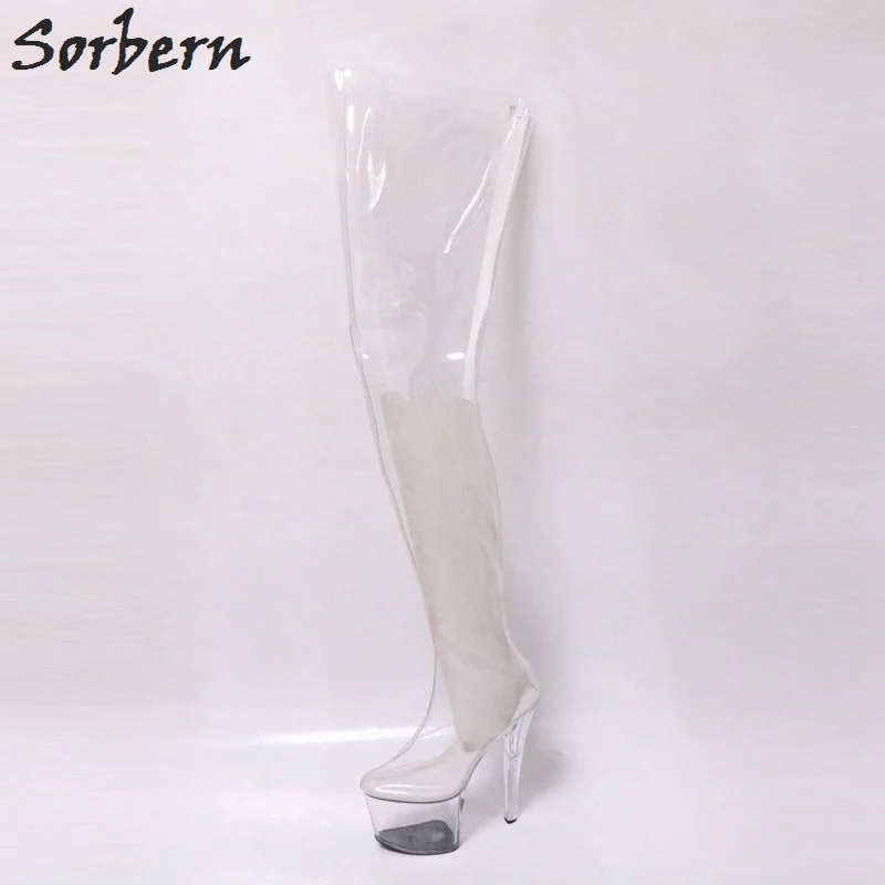Прозрачная пластиковая пикантная Фетиш обувь выше колена высокие сапоги унисекс 20 см каблук/9 см платформа женские сапоги с высоким голенищем - Цвет: Прозрачный