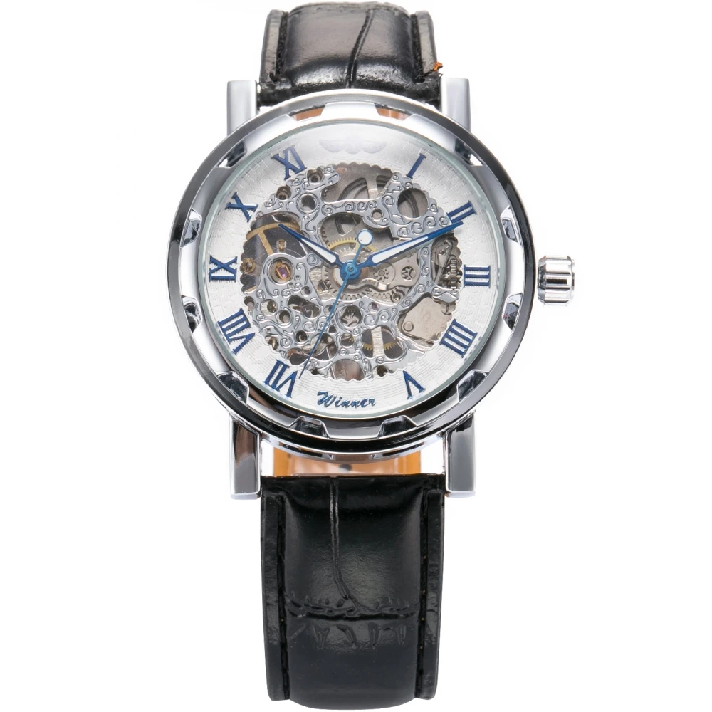 

Brand WINNER Skeleton Silver Stainless Case Roman Numeral White Hand-Winding Mechanical Analog Mens Leather Wrist Watch / PMW028