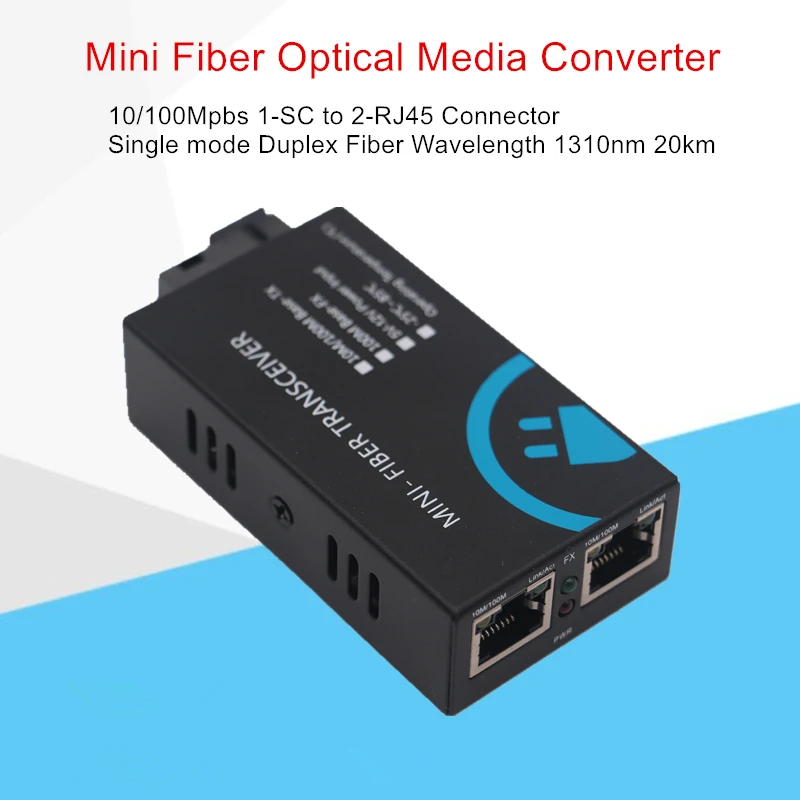 

MINI Fiber Converter 2-RJ45 to 1-SC Connector 10/100Mbps Fiber Optical Media Converter Single mode Duplex Wavelenth 1310nm 20km