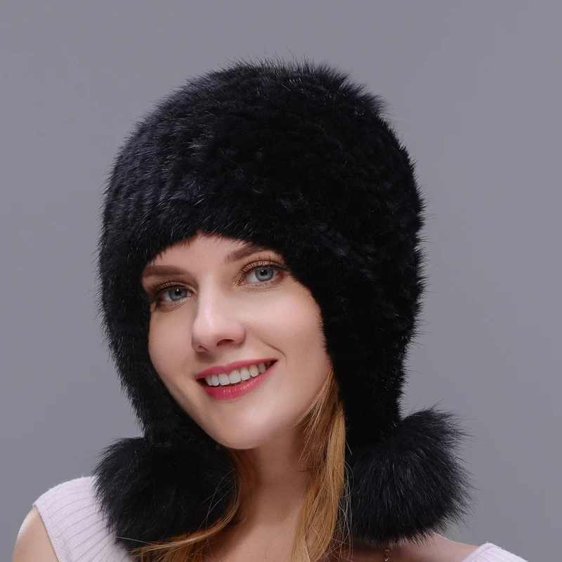 

Hot Sale Real Natural Mink Fur Hat Double Closely Woven Hat For Women With Three Fox Fur Pom Poms Thick And Warmth