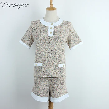 

2019 summer new mixed color knit suit European and American fashion short-sleeved shirt + shorts two-piece