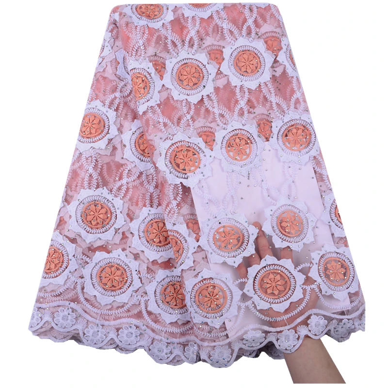 

Peach Color Lace Fabric High Quality Latest African Lace Fabric Wedding Tulle Lace Fabric French Nigerian With Rhinestones 1515