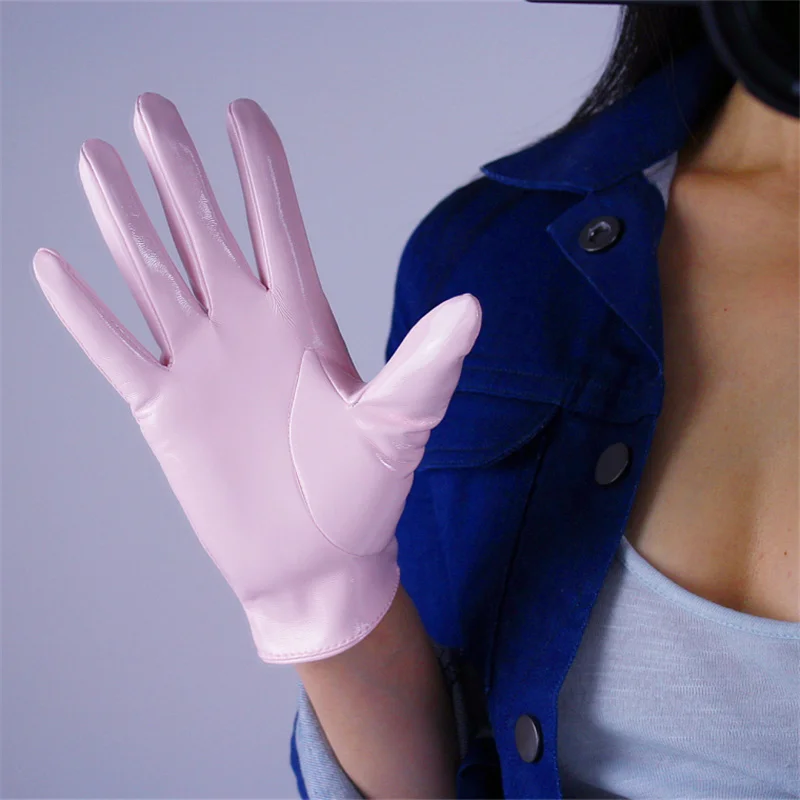 Короткие рукавицы из лакированной кожи, 16 см, Ультра короткие, имитация кожи, зеркало, яркая кожа, вишневый порошок, светло-розовый, дикий