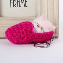 Милый спящий Кот помпон брелки для женщин девочек плетеная обувь ручной работы искусственный мех кролика котенок брелки пушистые Ключи Кольца
