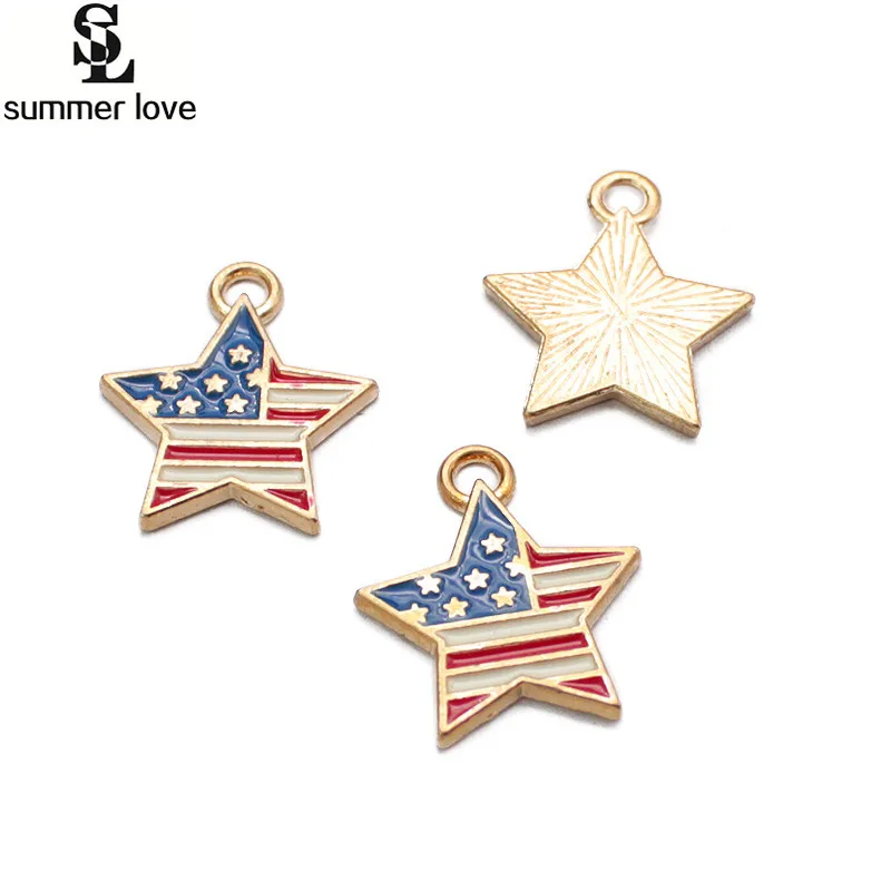 

10Pcs/Pack Gold Enamel American US Star Flag Charms Alloy Drop Oil Plated Charm 4th of July Independence Day Jewelry Making