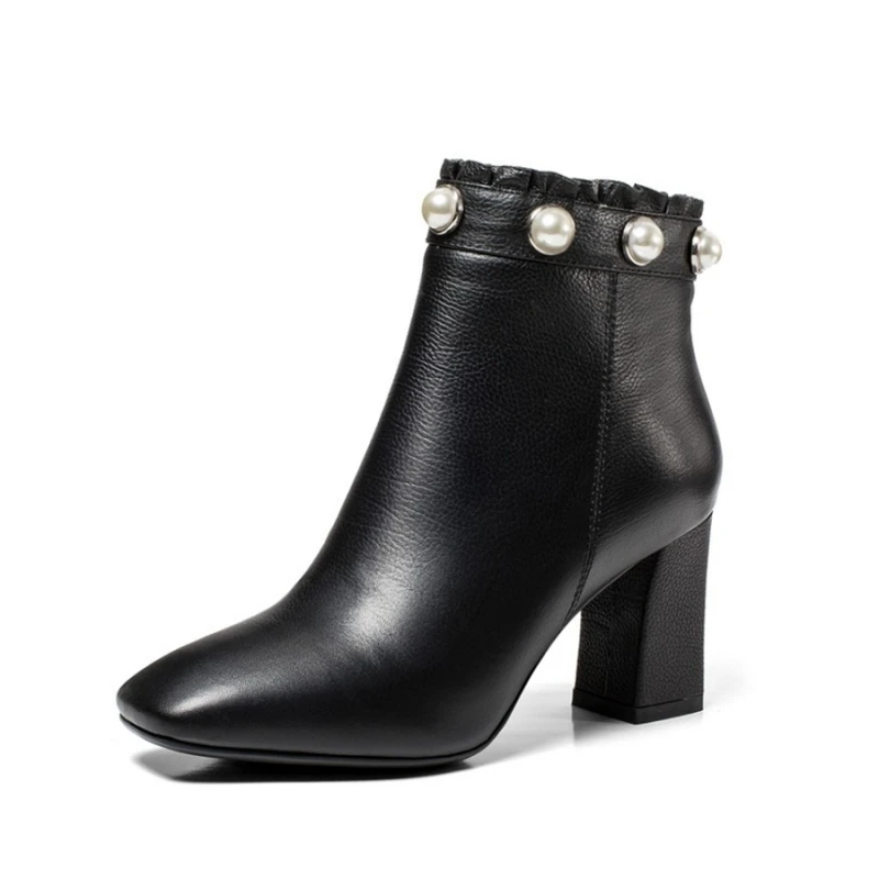 

2018 New Genuine Leather Winter Warm Women Snow Boots Cow Leather Mid Calf Boots Women Shoes Thick High Heels Boots DR-B0006