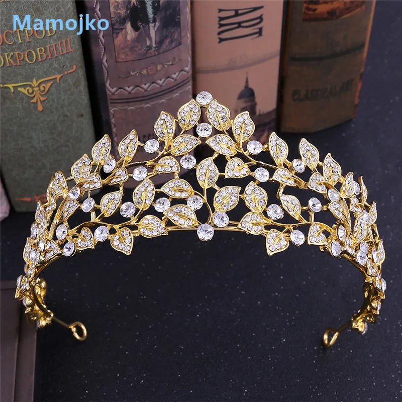 

Mamojko Baroque Gold Silver Full Rhinestone Leaves Crown Diadem Fashion Wedding Crown Tiara for Bridal Hair Accessories