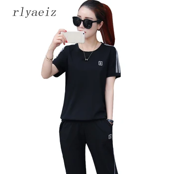 

Rlyaeiz High Quality Casual 2 Piece Set Women Sportswear 2018 Summer Striped T shirts + Calf-length Pants Sweat Suit M-5XL