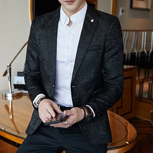 Rose Jacquard Print Slim Fit Blazer Royal Blue Black Promo Blazer For Men Stylish Blazer Business Casual Party Wedding Suit Coat