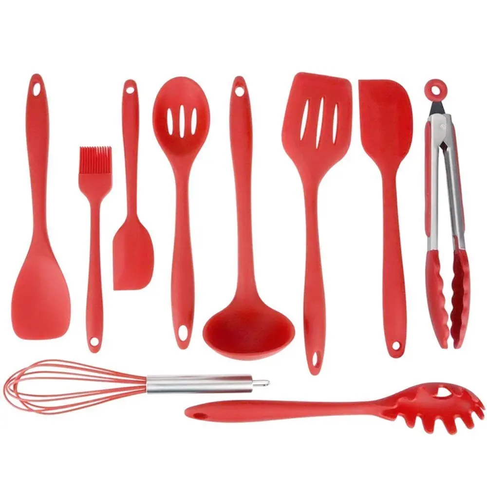 10 pcs set Silicone Heat Resistant Kitchen Cooking Utensils spatula  Non-Stick Baking Tool tongs ladle gadget (red)