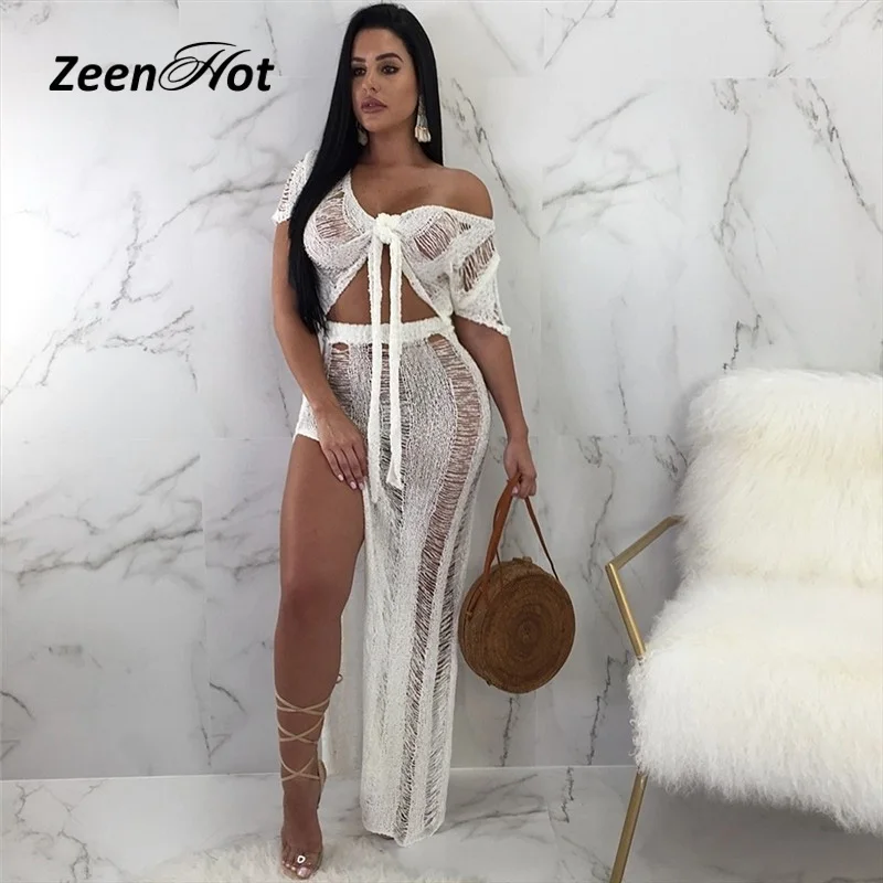 

Sexy Women Nightclub Dress Knitted Perspective Maxi Dress Summer Beach Two Piece Split Long Dresses Vestido
