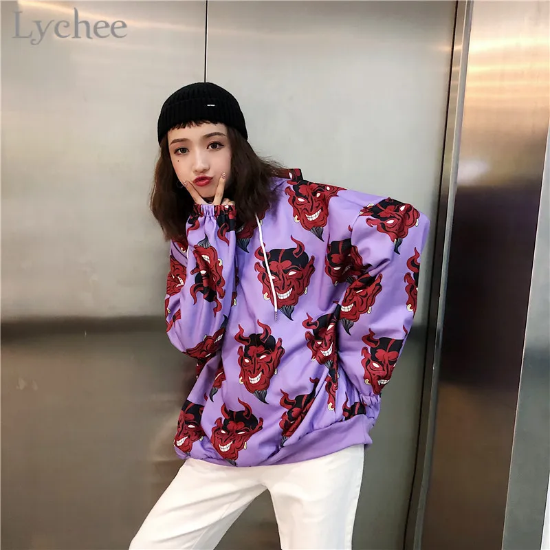 Lychee Harajuku дьявол печати с капюшоном для женщин Толстовка металлическое кольцо на молнии повседневное Свободные длинным рукавом женские пуловеры