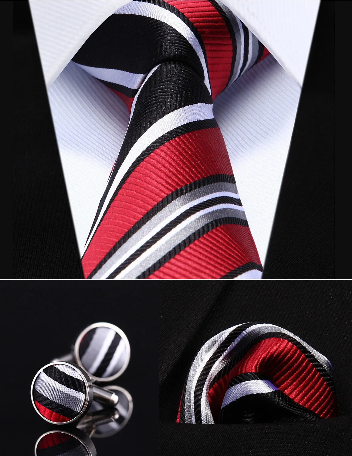 

Party Wedding Classic Pocket Square Tie TZS06L8 Red Black Striped 3.4" Silk Men Tie Necktie Handkerchief Cufflinks Set