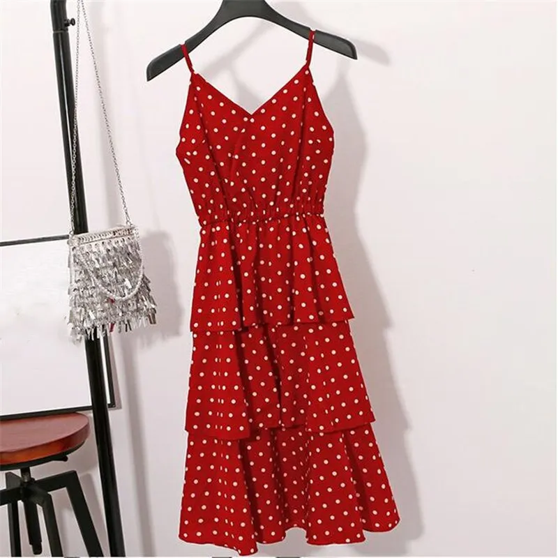 2019 Polka Dot Summer Dress Casual Spaghetti Strap Ruffles Plus Size V-Neck Elastic Waist Midi | Женская одежда
