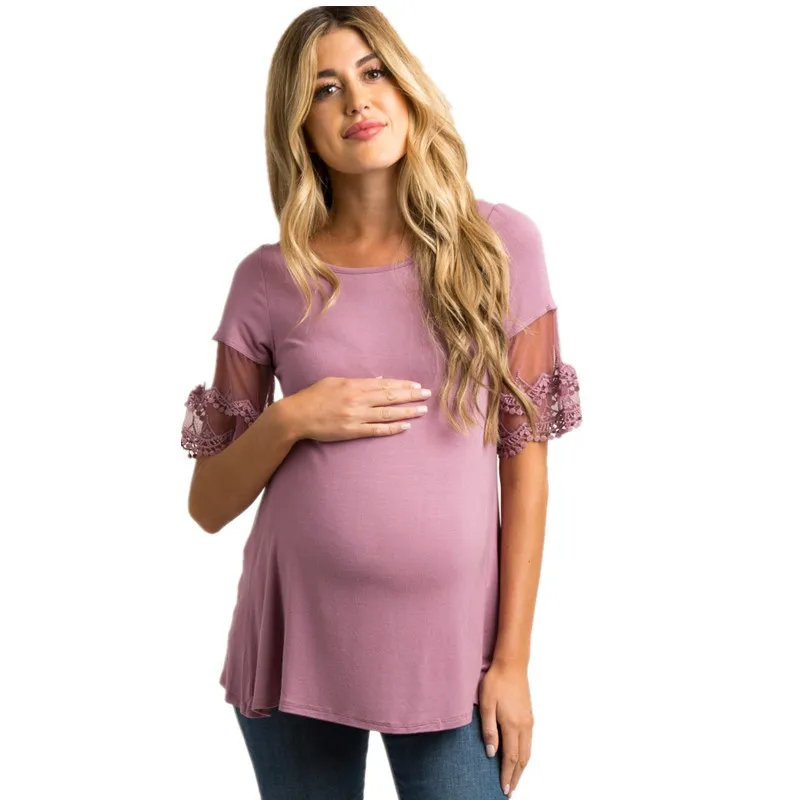 Женские Классические Бейсбол с круглым вырезом кружево короткий рукав топы для беременных Туника футболки Беременность одежда