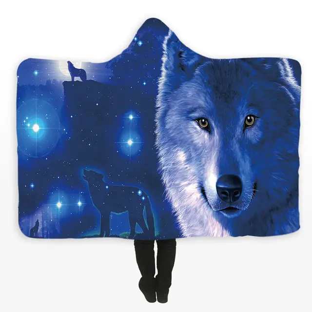 Animals Printed Hooded Blanket for Adults Kid Warm Thick Wearable