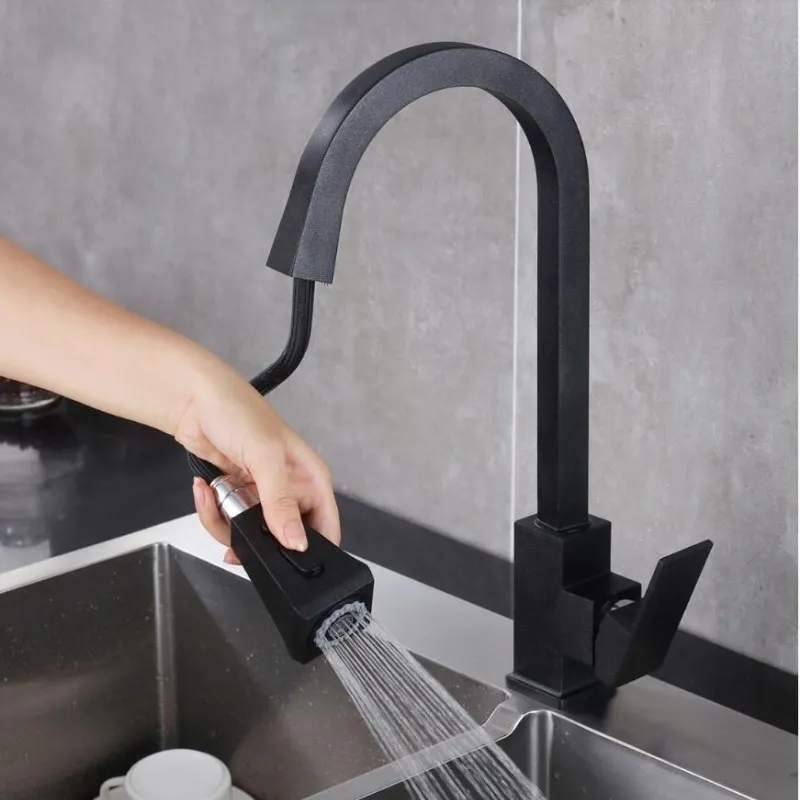 Черный выдвижной кухонный кран цельный латунный носик квадратный смеситель кран для воды, смеситель Черный кран