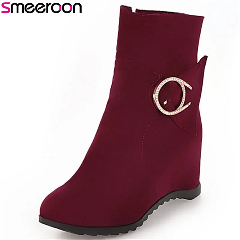 

Smeeroon 2018 new arrival flock ankle boots autumn winter boots round toe flat bottom wedding shoes women boots big size 33-43